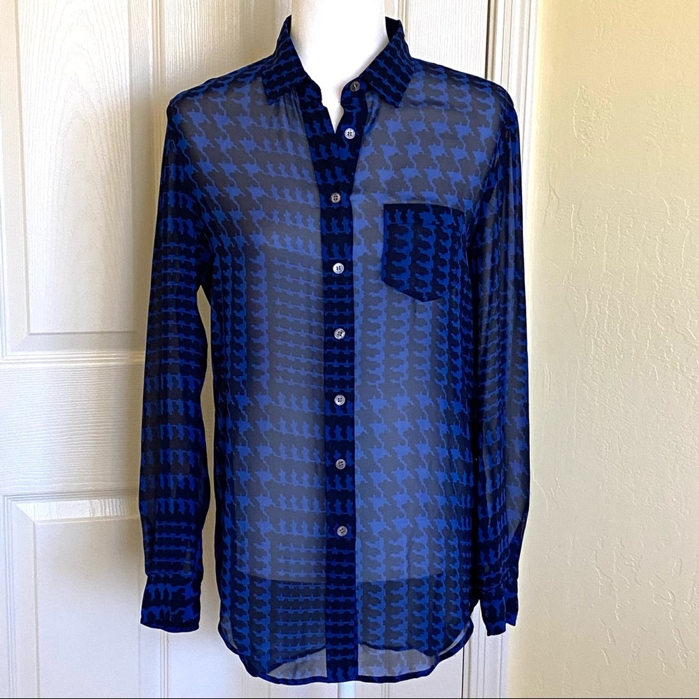 Vince Camuto Blue Black Sheer Hi-Low Blouse Top XS